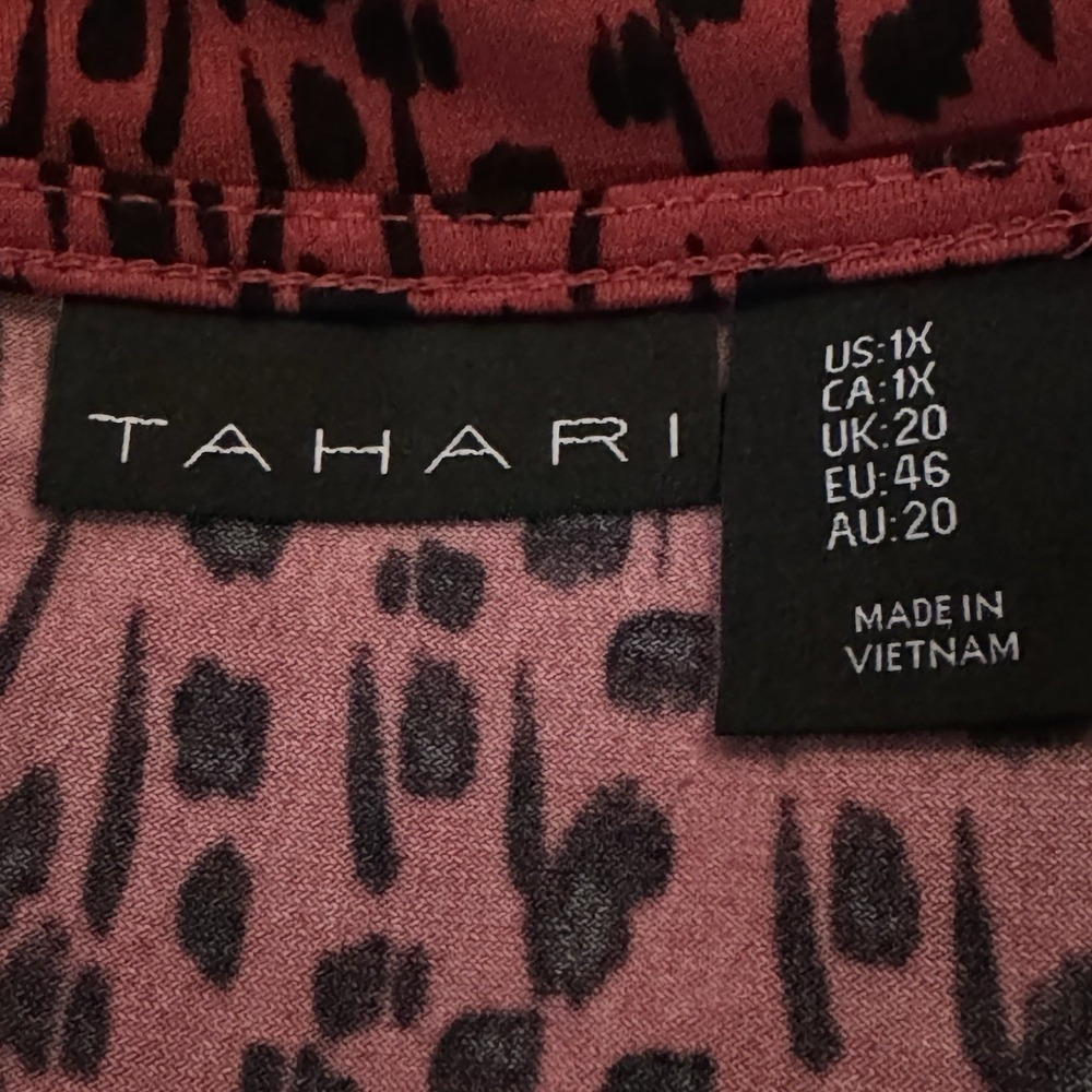 Tahari 1X Shirt Top Red Black Abstract Long Sleeve Keyhole V Neck Stretch Womens - Picture 5 of 6